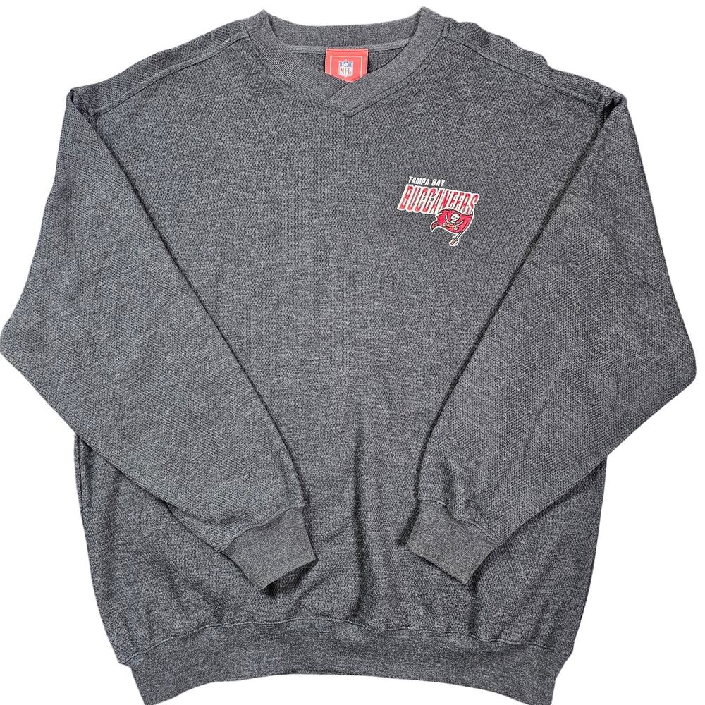 Vintage 2002 Tampa Bay Buccaneers NFL V-Neck Sweatshirt L Gray Mesh Knit Y2K